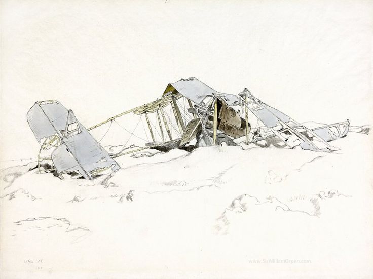 William Orpen “A crashed FE2 Biplane of the Royal Flying Corps in  undulating landscape near Le Sars in Northern France.” | Biplane, Crash, Fes