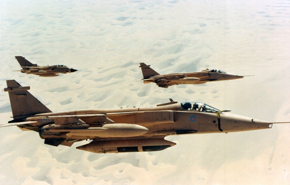Probe out, ready to refuel, one of the Granby Jaguars approaches the tanker. It carries a BAe reconnaissance pod under the belly, and a fuel tank and Phimat pod under the starboard wing. Photo via the author, Jon Lake.jpeg