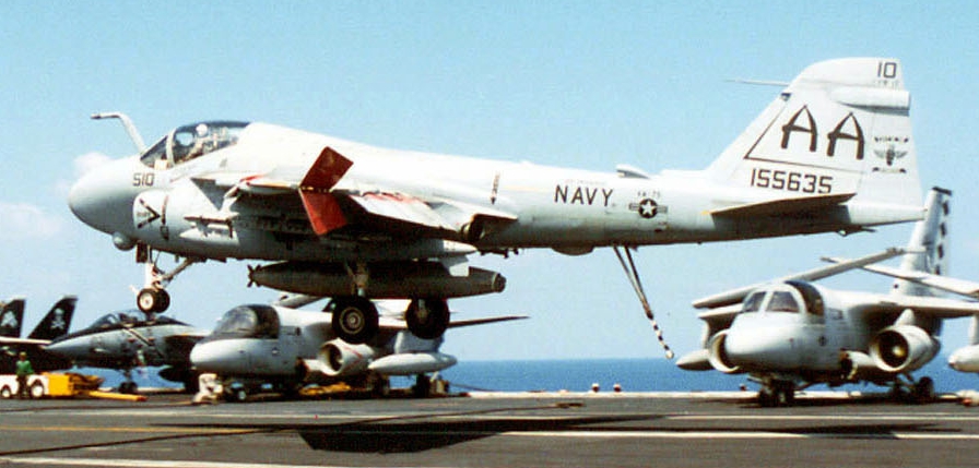 Grumman_A-6E_Intruder_of_VA-75_lands_on_USS_Enterprise_(CVN-65)_on_9_September_1996_(6507871).jpg