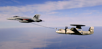F-18E testing out inflight refueling a E-2C 2000 Hawkeye