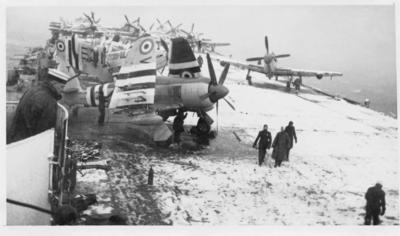 HMS Theaseus covered in Snow during the Korean War