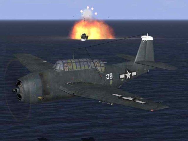 Avenger hits Japanese ship with torpedo.