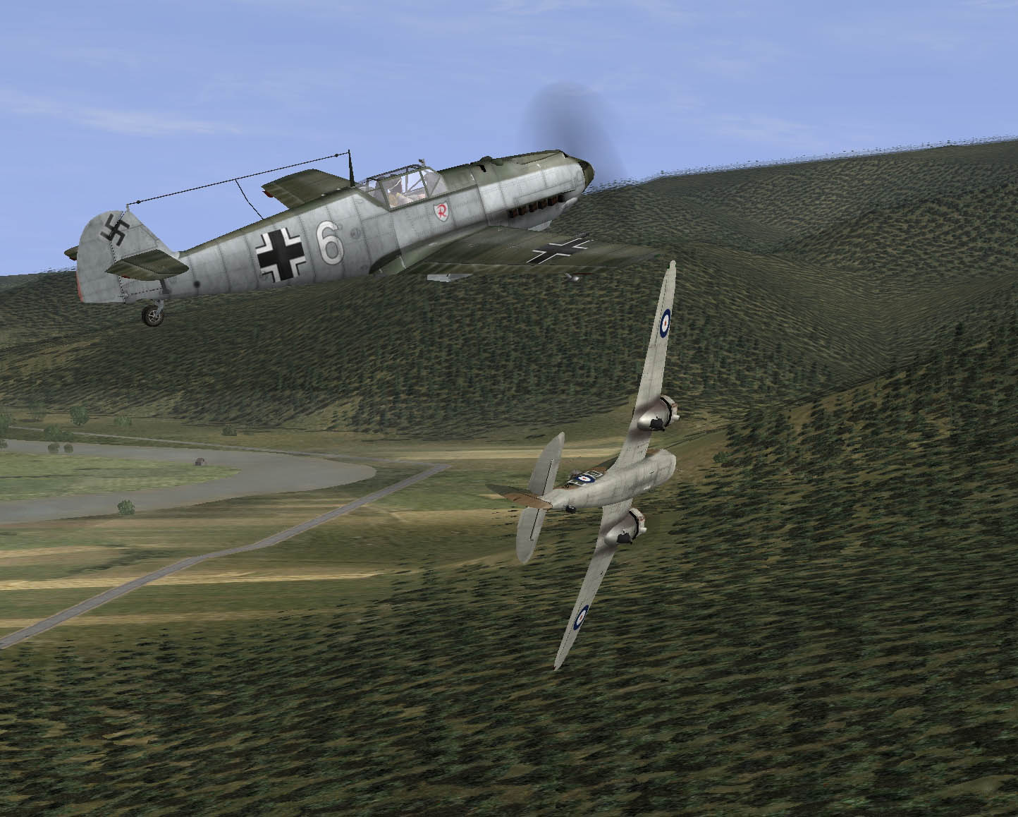 October 1939 Blenheim harassed by Bf 109s over Ardennes hills 01