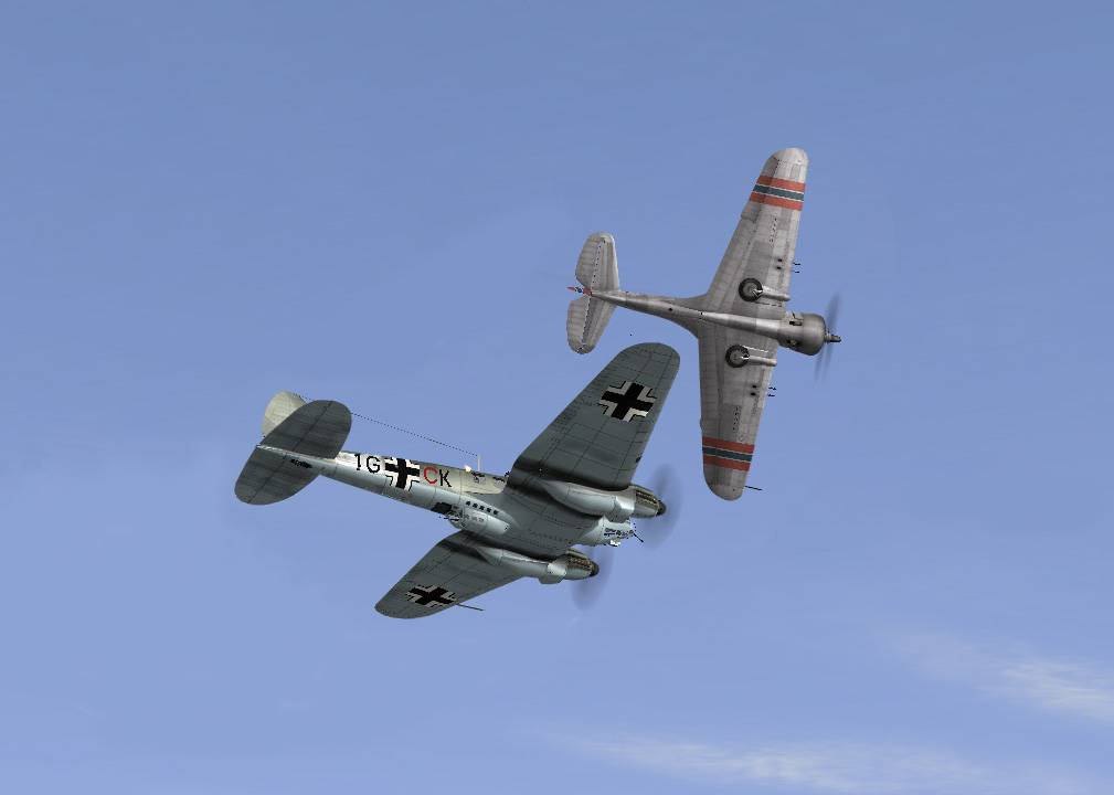 Norvegian P36 in a close pass against an He111.