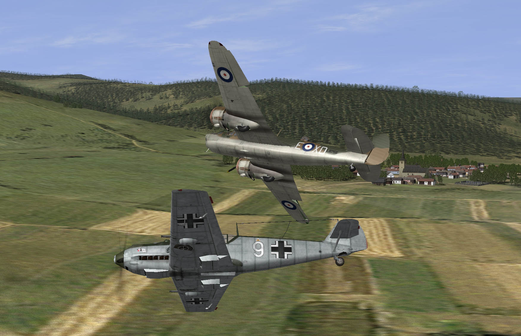 October 1939 Blenheim harassed by Bf 109s over Ardennes hills 03