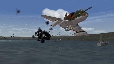 South Atlantic Terrain: A-4B Skyhawk fliyng over San Carlos water.