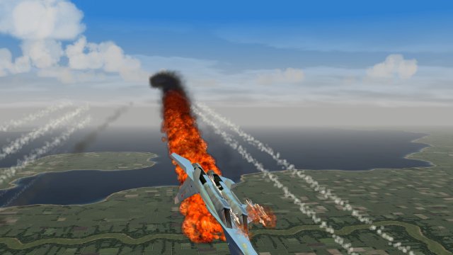 Burning Flanker With Flares Falling Around