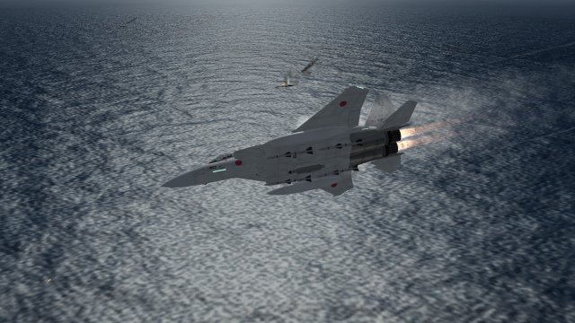 F-15J Banking Around Wounded Civilian Cargo Ship